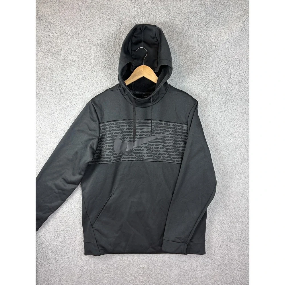 Nike Hoodie Mens Large Black Dri-FIT Graphic Pullover Zipper Pockets Sweatshirt